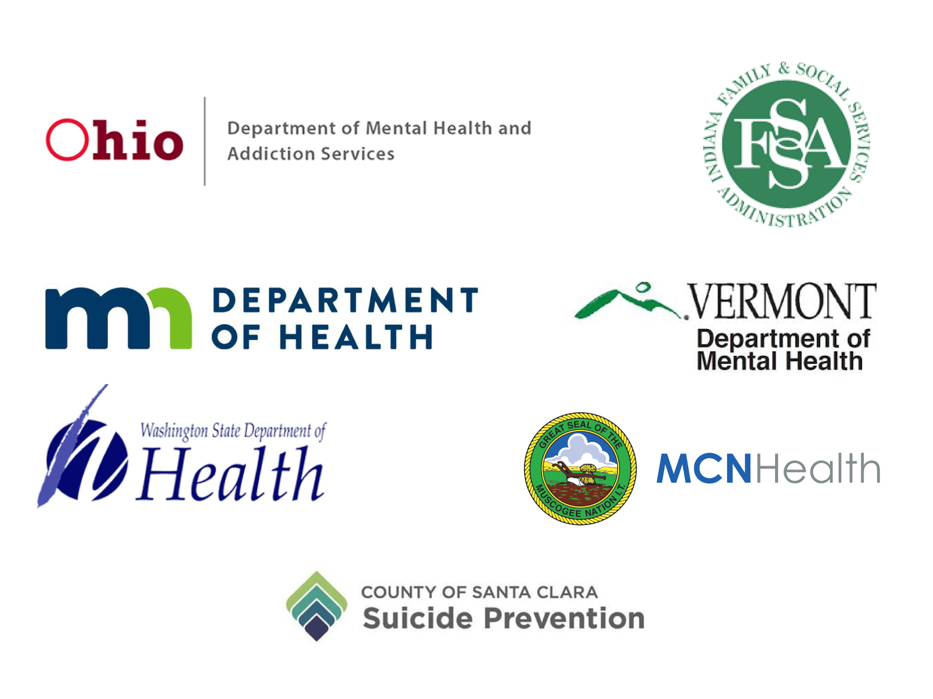 Government Premium Partners: Ohio, Minnesota Department of Health, Indiana Family and Social Service Administration, Vermont Department of Mental Health, Washington State Department of Health, MCN Health, County of Santa Clara Suicide Prevention