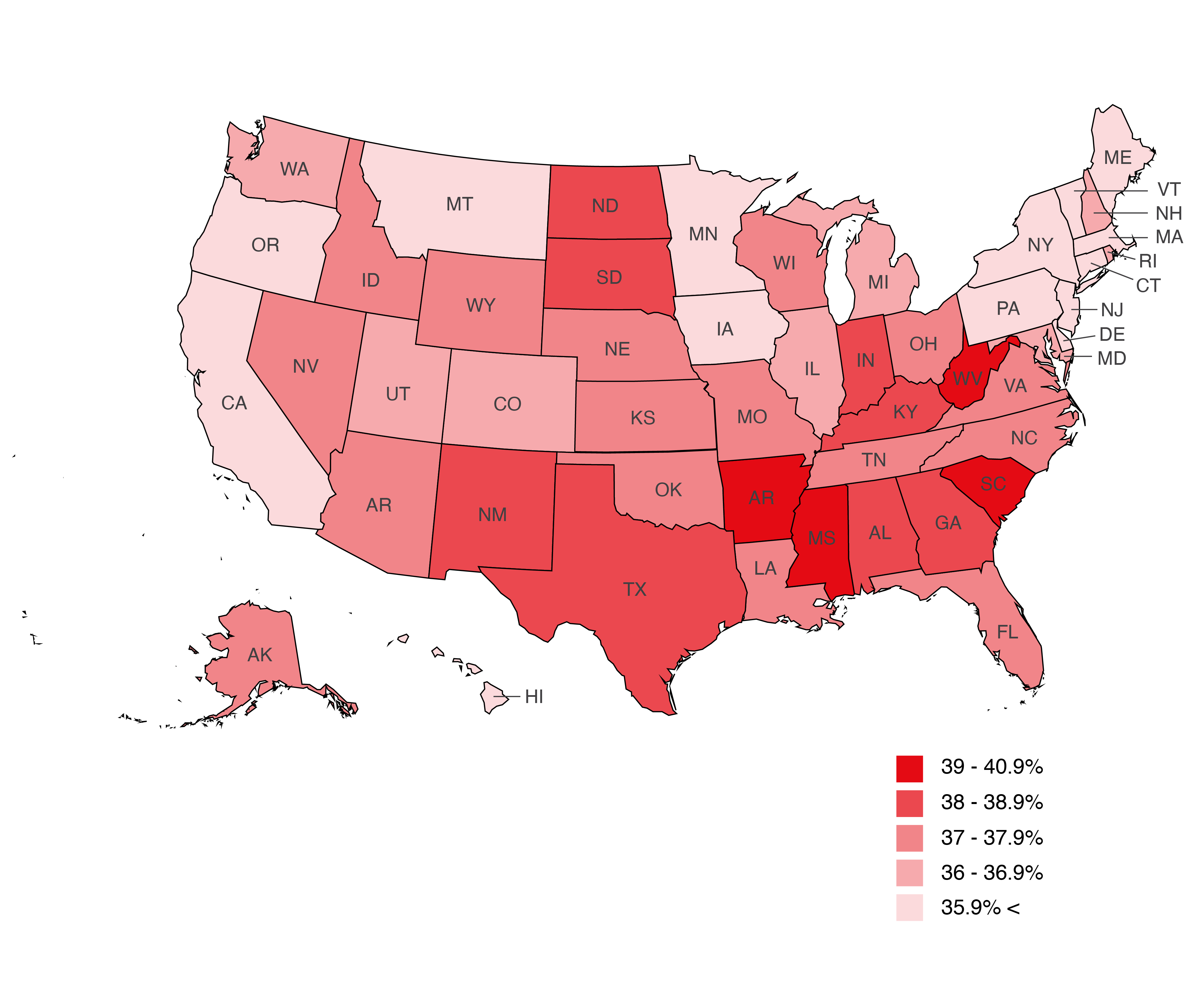 map of the united states showing higher rates of depression in the south east