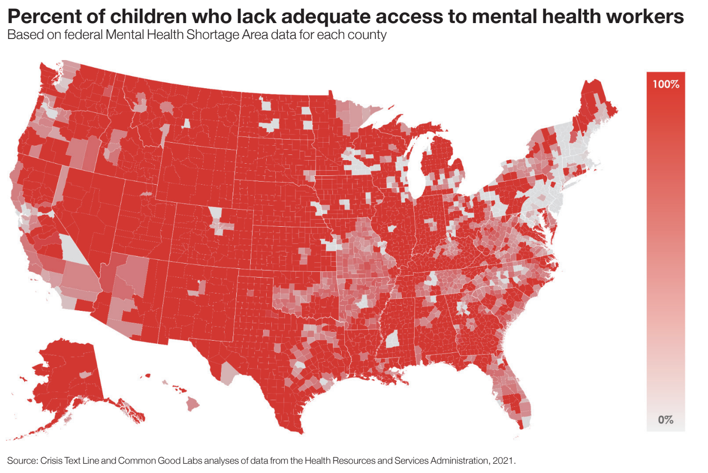 A map of mental health shortage areas in the U.S.