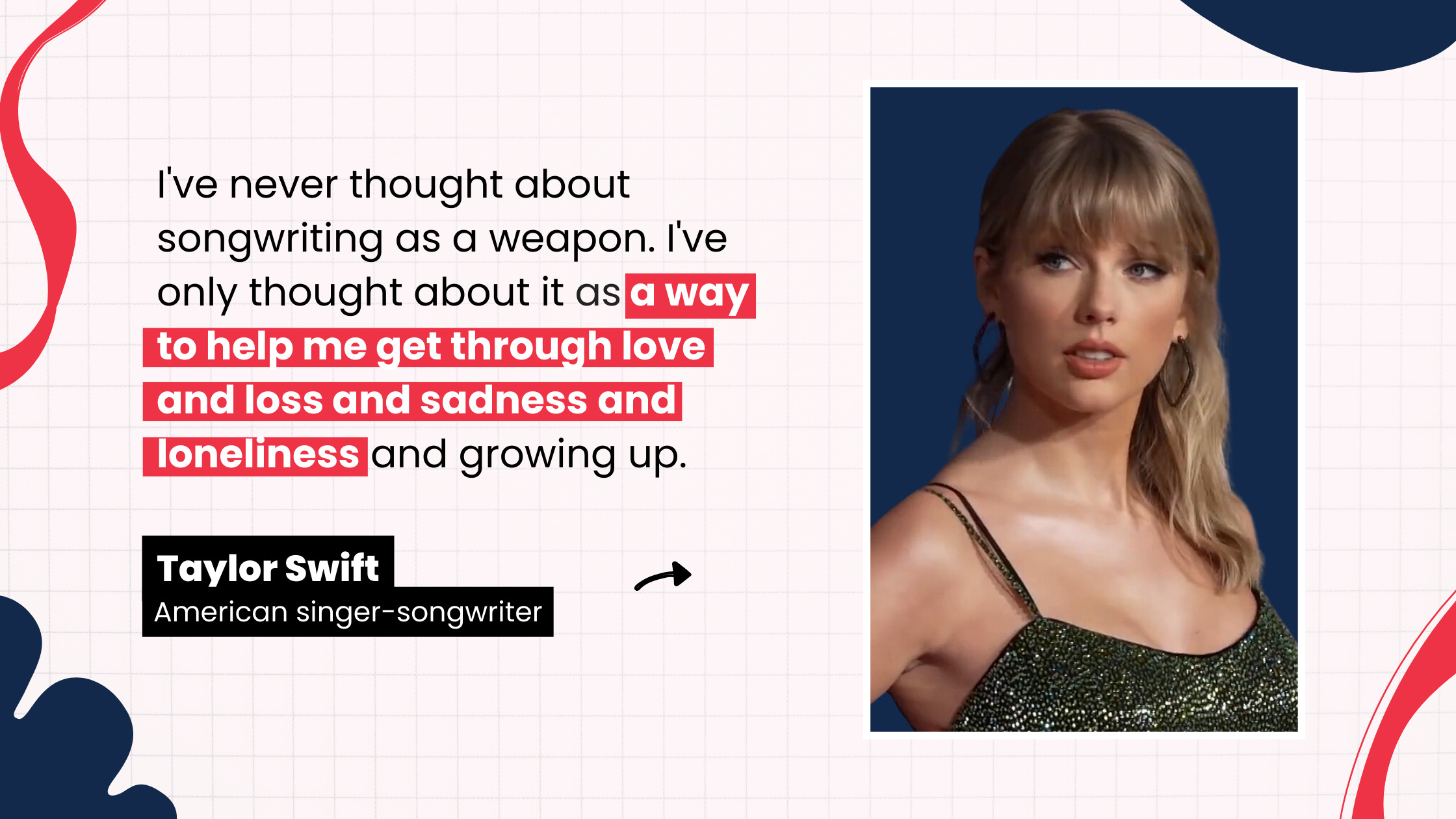 “I've never thought about songwriting as a weapon. I've only thought about it as a way to help me get through love and loss and sadness and loneliness and growing up.” by Taylor Swift, American singer-songwriter