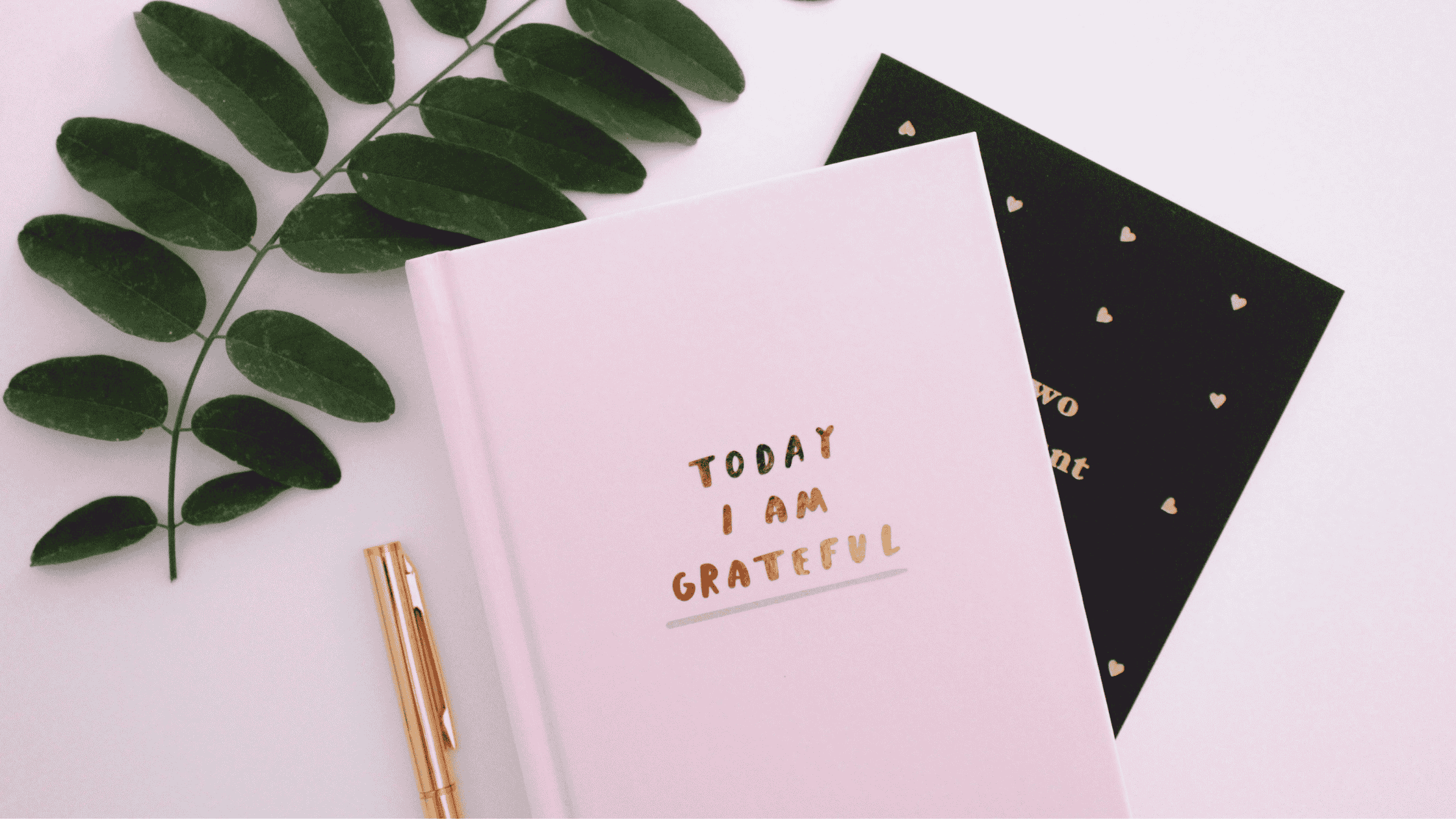 A pink hardcover gratitude journal with gold foil text reading 'Today I Am Grateful,' beside a gold pen and green leaf&mdash;perfect for starting a daily gratitude journal prompt practice